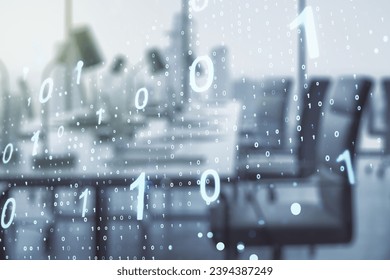 Double exposure of abstract virtual binary code hologram on modern corporate office background. Database and programming concept