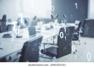 Double exposure of abstract virtual binary code hologram on modern corporate office background. Database and programming concept