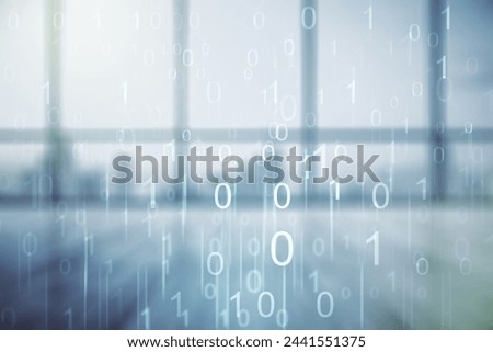Double exposure of abstract virtual binary code hologram on empty modern office background. Database and programming concept