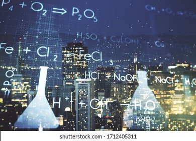Double Exposure Of Abstract Virtual Chemistry Hologram On San Francisco City Skyscrapers Background, Research And Development Concept