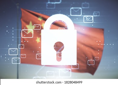 Double exposure of abstract virtual creative lock hologram with email symbols on flag of China and sunset sky background. Information security concept