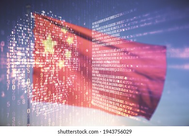 Double exposure of abstract virtual creative code skull hologram on flag of China and sunset sky background. Malware and cyber crime concept - Powered by Shutterstock