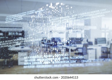 Double exposure of abstract virtual creative code skull hologram on modern corporate office background. Malware and cyber crime concept