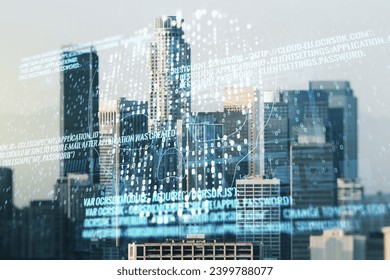 Double exposure of abstract virtual creative code skull hologram on Los Angeles city skyscrapers background. Malware and cyber crime concept - Powered by Shutterstock