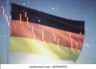 Double exposure of abstract virtual global crisis chart and world map hologram on German flag and blue sky background. Financial crisis and recession concept