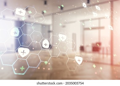 Double Exposure Of Abstract Virtual Medical Hologram On Modern Corporate Office Background. Healthcare Technolody Concept