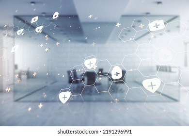 Double Exposure Of Abstract Virtual Medical Hologram On Modern Corporate Office Background. Healthcare Technolody Concept