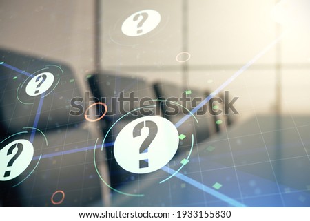 Double exposure of abstract virtual question mark hologram on a modern meeting room background. Sociology and psychology concept