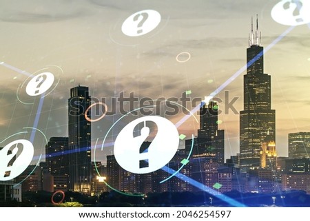 Double exposure of abstract virtual question mark hologram on Chicago city skyscrapers background. Sociology and psychology concept