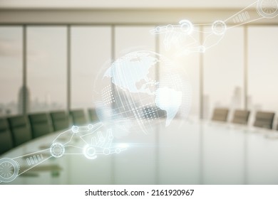 Double Exposure Of Abstract Virtual Robotics Technology With World Map Hologram On A Modern Meeting Room Background. Research And Development Software Concept