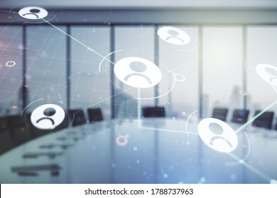 Double Exposure Of Abstract Virtual Social Network Icons On A Modern Meeting Room Background. Marketing And Promotion Concept