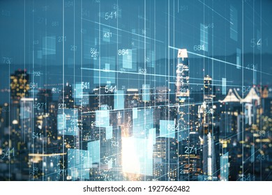 Double Exposure Of Abstract Virtual Statistics Data Hologram On San Francisco City Skyscrapers Background, Statistics And Analytics Concept