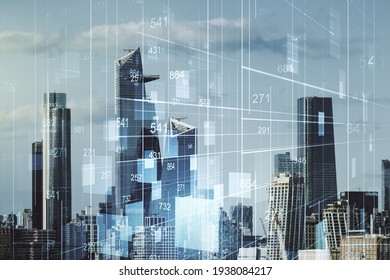 Double Exposure Of Abstract Virtual Statistics Data Hologram On New York City Skyscrapers Background, Statistics And Analytics Concept