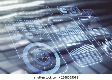 Double exposure of abstract virtual statistics data hologram on blurry metal background, statistics and analytics concept