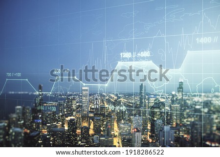 Double exposure of abstract virtual statistics data hologram on Chicago city skyscrapers background, statistics and analytics concept