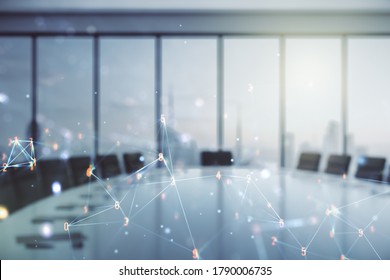 Double Exposure Of Abstract Virtual Technology Hologram On A Modern Meeting Room Background. Research And Development Software Concept