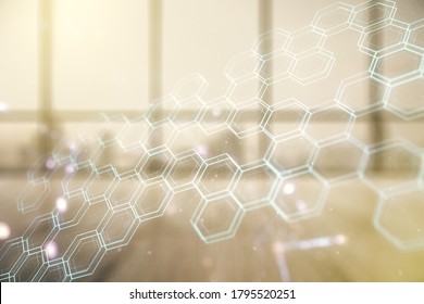 Double exposure of abstract virtual technology hologram with hexagon on empty corporate office background. Research and development software concept