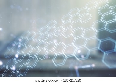 Double exposure of abstract virtual technology hologram with hexagon on modern business center exterior background. Research and development software concept