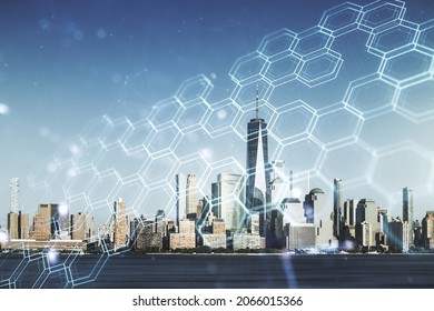 Double exposure of abstract virtual technology hologram with hexagon on New York city skyscrapers background. Research and development software concept