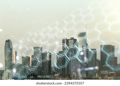 Double exposure of abstract virtual technology hologram with hexagon on Los Angeles city skyscrapers background. Research and development software concept