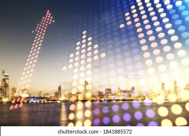 Double Exposure Of Abstract Virtual Upward Arrows Hologram On Chicago City Skyscrapers Background. Ambition And Challenge Concept