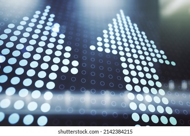 Double Exposure Of Abstract Virtual Upward Arrows Hologram On Modern Business Center Exterior Background. Ambition And Challenge Concept