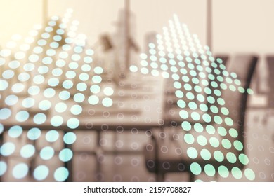 Double Exposure Of Abstract Virtual Upward Arrows Hologram On Modern Corporate Office Background. Ambition And Challenge Concept