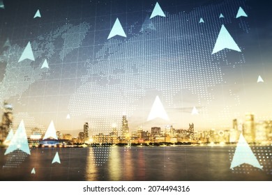 Double exposure of abstract virtual world map with pins hologram on Chicago city skyscrapers background. Geolocation tracking and transportation concept