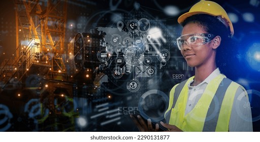 Double exposure of African American businesswoman working on digital technology interfaces icon and construction, Smart industry and digital technology and IOT software concept.  - Powered by Shutterstock