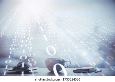 Double exposure of Ai data theme drawing over coffee cup background in office.