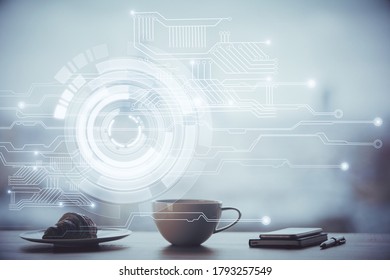 Double exposure of Ai data theme drawing over coffee cup background in office.