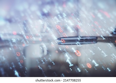 Double exposure of Ai data theme drawing over coffee cup background in office.
