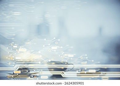 Double exposure of Ai data theme drawing over coffee cup background in office.
