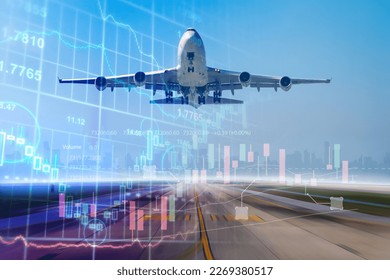 Double exposure airplane commercial and cargo business transportation with investing and stock market chart growth graph background.