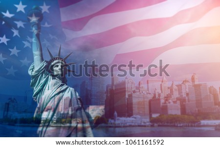 Double exposure with the American flag and the Statue of liberty. Background for independence day - 4th of July.