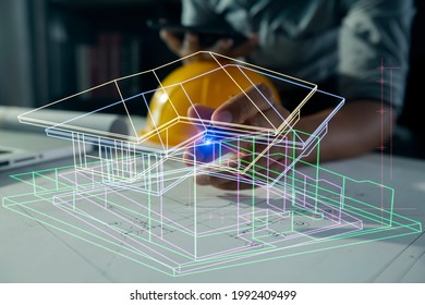 Double exposure of architect or engineer working on the table in office with house drawing line, Business digital technology construction concept, blurred background.