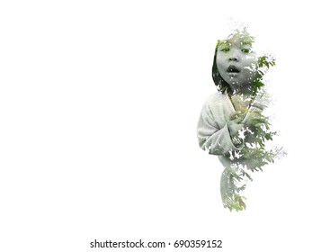 Double Exposure Art Of The Combination Of Girl Child And Trees.