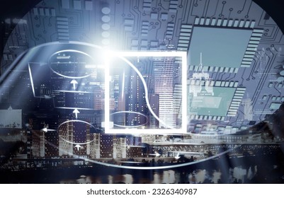 Double exposure of artificial Intelligence and modern skyscrapers