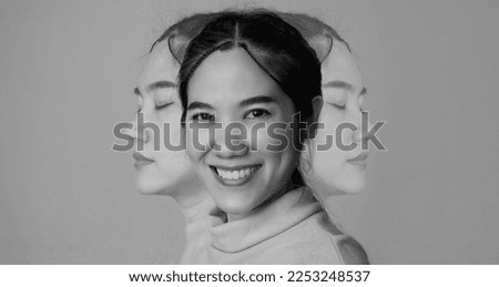 Double exposure of Asian beautiful woman  smile and close eyes. Bipolar and a depression woman.