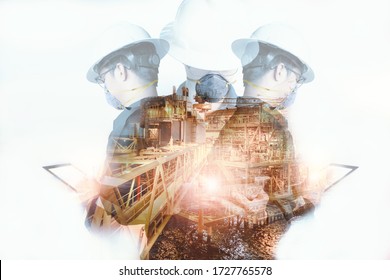 Double Exposure Of Asian Engineer Or Technician Man Wearing N95 Mask While Using Tablet With Offshore Platform Protection Against Contagious Disease, Coronavirus For Industrial Business Concept.