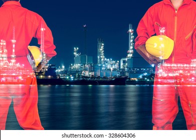 Double Exposure Of Asian Engineers Thinking And Holding The Note Pad On Oil And Gas Refinery Or Petrochemical Factory At Twilight Time, Industrial Concept