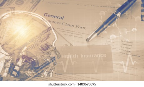 Double Exposure Background Of Health Insurance Card On Insurance Claim Form With Pen Overlay With X-ray Photo Of Human Brain And Pulse Of Heart