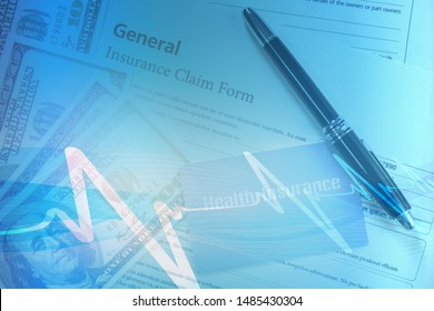 Double Exposure Background Of Health Insurance Card On Insurance Claim Form With Pen Overlay Pulse Chart Of Heart