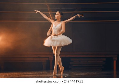 Double exposure, ballet and theater with woman on stage for performance, recital or rehearsal. Art, creative and dance with confident ballerina in dark studio for balance, elegance or passion - Powered by Shutterstock