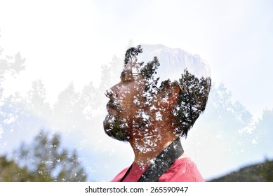 Double Exposure Of Bearded Guy Man Boy And Forest