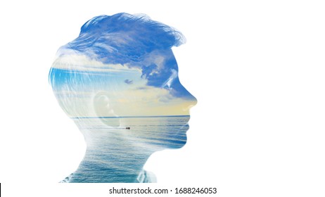 Double Exposure Beautiful Woman Head Face Silhouette Portrait White Isolated With Sea Water And Cloud Day Nature. Mind Psychology, Stress Therapy, Human Spirit, Well Mental Health, Life Zen Iq Concept