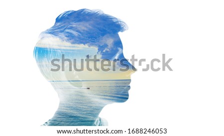 Double exposure beautiful woman head face silhouette portrait white isolated with sea water and cloud day nature. Mind psychology, stress therapy, human spirit, well mental health, life zen iq concept