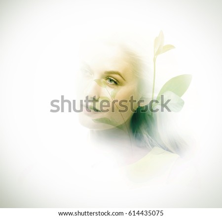 Double exposure of beautiful young woman and plants