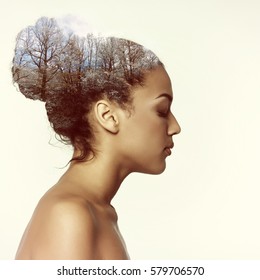 Double Exposure Beauty Portrait Of Young Woman In Profile And Mountain Winter Forest, Toned. Dreaming Girl. Meditation, Spirituality Psychological Health Concept