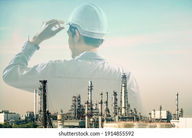 Double Exposure Of Behind Engineer Wearing Helmet Safety With Blurred Oil Refinery Plant As A Background. Oil And Gas Business Company, Human Resources And Recruitment For Energy Industrial.